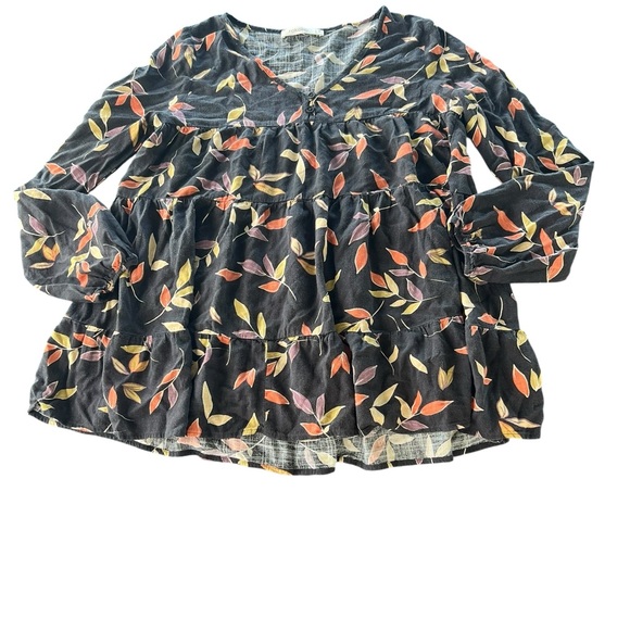 Women's Black Floral Tunic with Multicolor Leaves - Picture 1 of 3